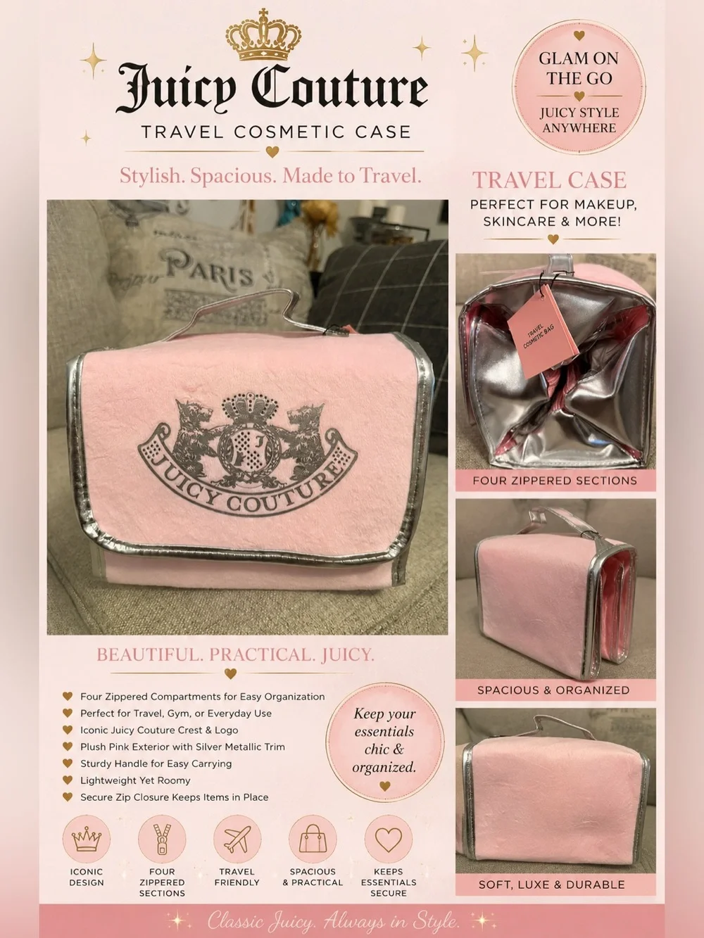 Juicy Couture Pink Cosmetic Travel Case with Silver Trim